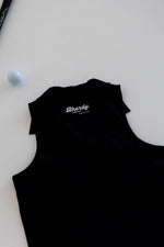 Women's form-fitted golf tank collar detail — Bherdy Performance Collared Tank